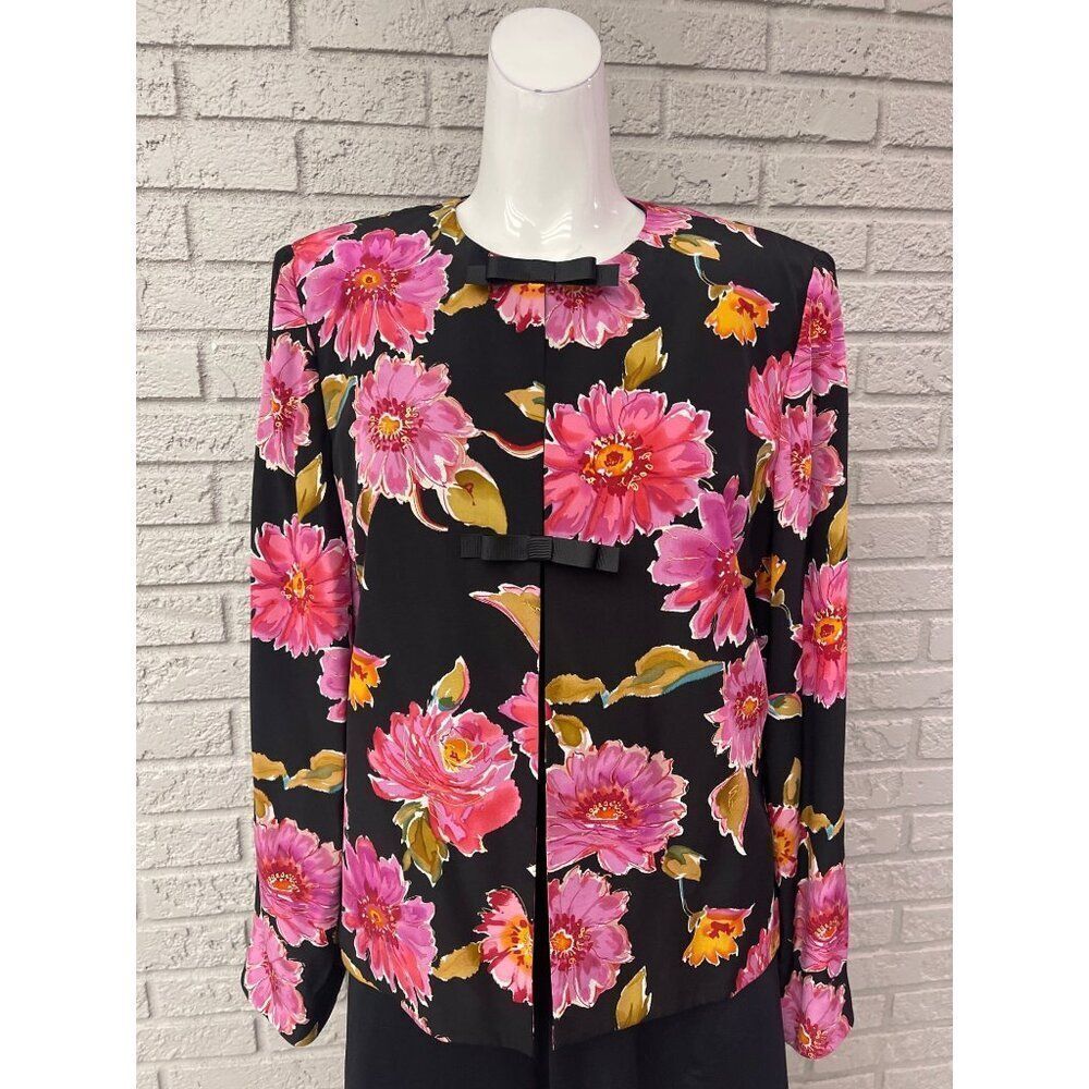 Anthracite Women Long Sleeve Black Pink Silk Floral Print Jacket Size 10
